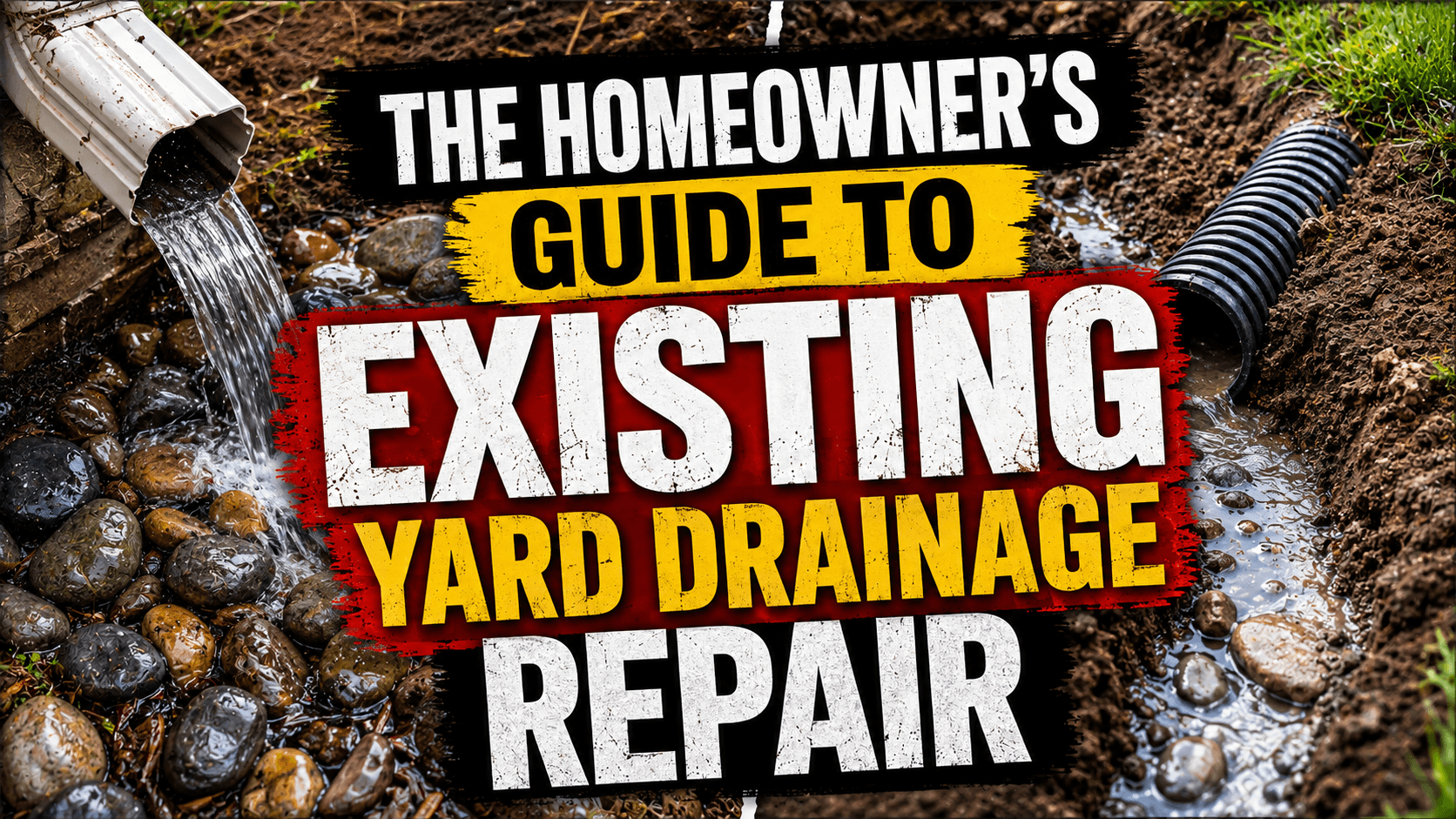 Gutters and drainage problems are shown with text that says The Homeowner's Guide to Existing Yard Drainage Repair