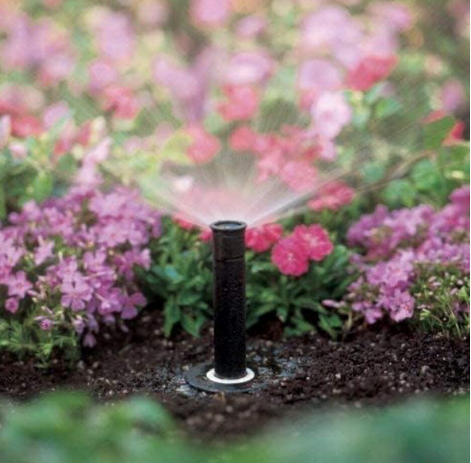 Spray heads cover large areas, mimicking natural rainfall.