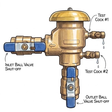Diagram of a backflow preventer with ball valves and test cocks labeled.
