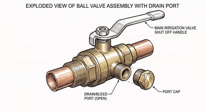 Exploded view of ball valve assembly with drain port